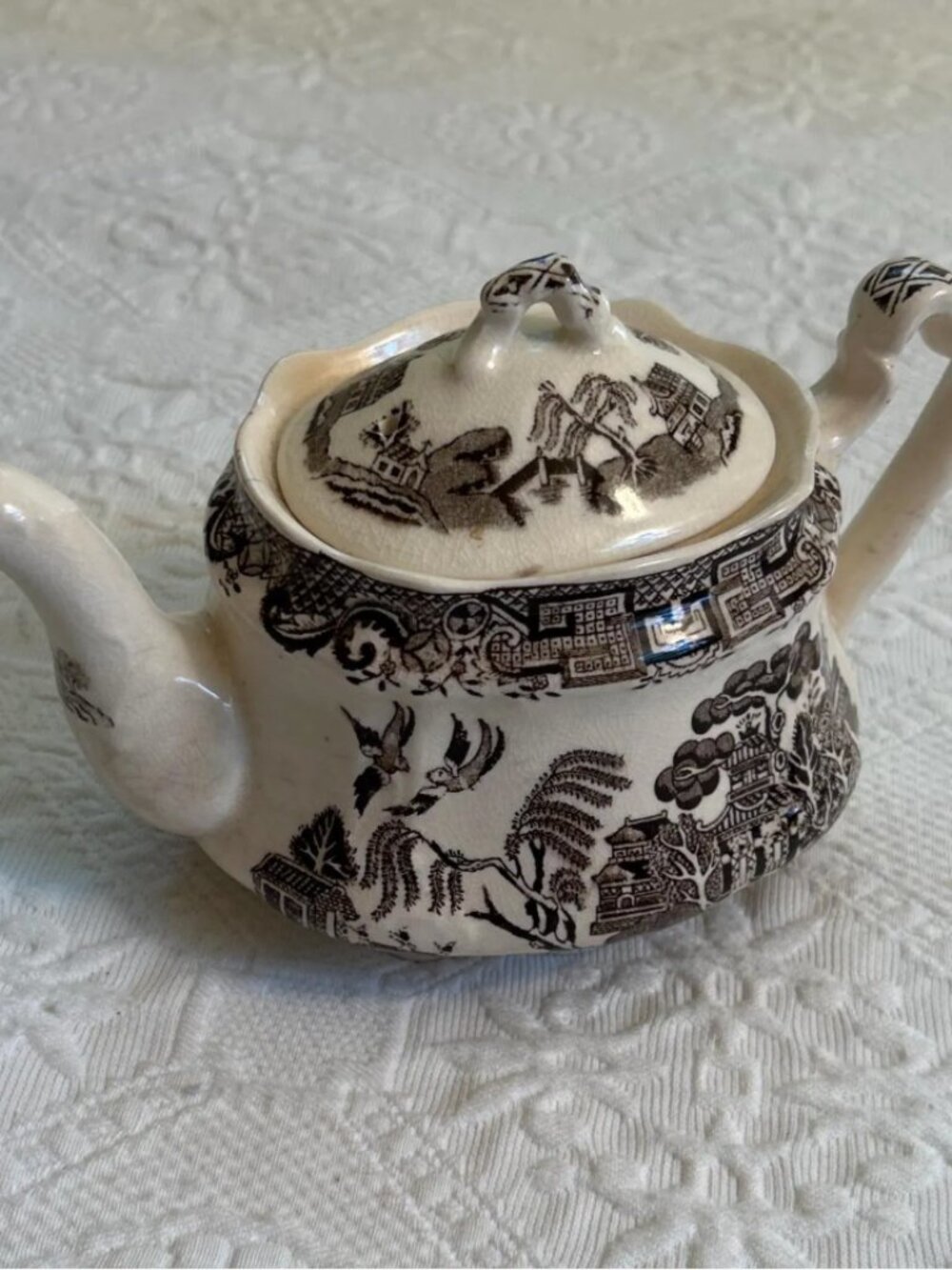 vintage Arthurwood Brown Transferware Teapot: Japanese Scene, Made in England